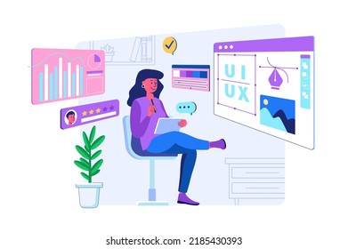 UI UX design concept with people scene for web. Woman designer working with interface layouts, creating elements and filling pages with graphic content. Vector illustration in flat perspective design