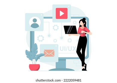 UI and UX design concept with people scene in flat style. Woman work as designers, create interfaces and content, places buttons on template. Vector illustration with character situation for web