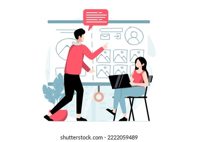 UI and UX design concept with people scene in flat style. Man and woman designers develop layout and discuss ideas, optimize and customize page. Vector illustration with character situation for web