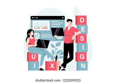UI and UX design concept with people scene in flat style. Man and woman work as designers and create interfaces for applications and programs. Vector illustration with character situation for web