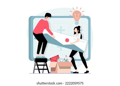 UI and UX design concept with people scene in flat style. Man and woman generate new ideas and make creative modern layout and site template. Vector illustration with character situation for web
