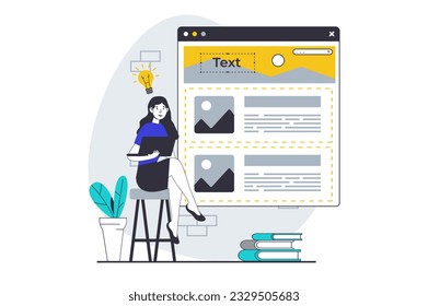 Concepto de diseño de UI UX con escena de personas en gráfico plano para web. Mujer trabajando con diseño de sitio web, llenando contenido y editando página. Ilustración vectorial para banner de medios sociales, material de marketing.