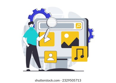 UI UX design concept with people scene in flat graphic for web. Man creating webpage interface responsive layout and editing elements. Vector illustration for social media banner, marketing material.