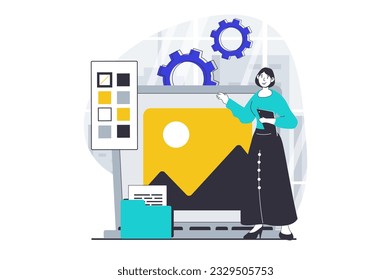 Concepto de diseño de UI UX con escena de personas en gráfico plano para web. Mujer trabajando con diseño, creando contenido de imagen, seleccionando colores. Ilustración vectorial para banner de medios sociales, material de marketing.