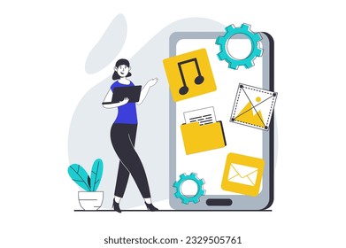 UI UX design concept with people scene in flat graphic for web. Woman creating mobile user interface layout and placing elements. Vector illustration for social media banner, marketing material.