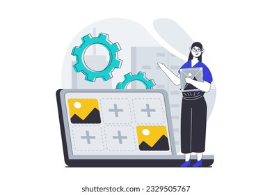 Concepto de diseño de UI UX con escena de personas en gráfico plano para web. Mujer creando, colocando y editando elementos de imagen para el diseño del sitio web. Ilustración vectorial para banner de medios sociales, material de marketing.