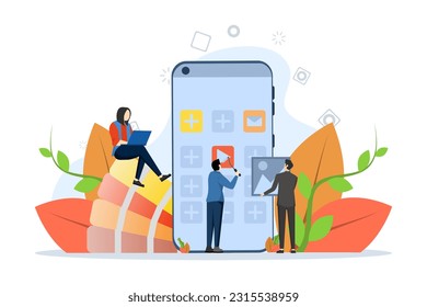 Ui UX design concept, Showing people create custom design for mobile app, Suitable for landing page, UI, web, app intro card, editorial, flyer and banner, Flat Vector Illustration.