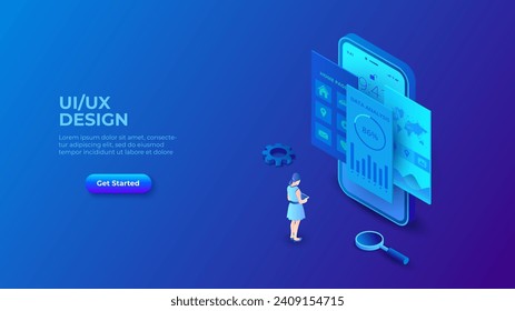 UI UX design concept with smartphone, woman and magnifier. Dark isometric vector illustration