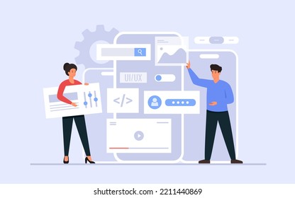 UI- und UX-Design-Konzept. Team-Designer erstellen funktionales Web-Interface-Design für mobile Anwendungen.  Flache Vektorgrafik einzeln auf weißem Hintergrund.