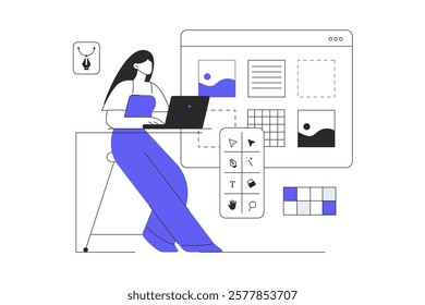 UI UX design concept. Woman Character create layout and optimize elements, testing user app interface. Flat Cartoon Vector Illustration, icon. Stylish abstract  