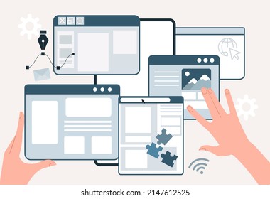 UI UX design. Development of interfaces for website, graphic designers at work, partners and colleagues, creative personalities. Modern technologies and digital world. Cartoon flat vector illustration