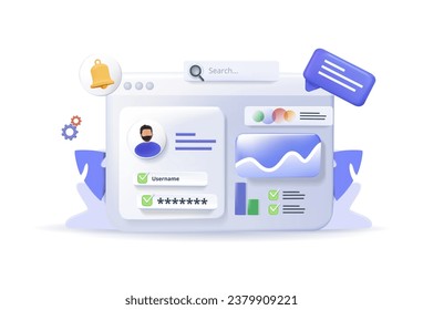 Diseño de UI UX Ilustración de pantalla digital 3D. Interfaz de sitio web moderna con análisis y concepto de datos de cuentas personales con elementos flotantes. Diseño de banner de desarrollo con representación 3d. Vector