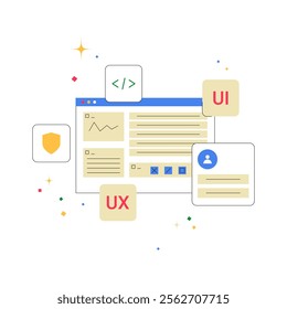 UI And UX Design Elements In Flat Vector Illustration Symbolizing Web Development, User Interface, And Digital Design, Isolated On White Background.