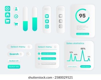 UI UX design elements set with buttons, icons, progress bars, statistics charts, and menus in modern neon gradient style. Flat vector interface components template for web and mobile applications