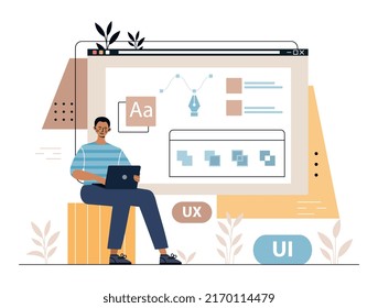 Ui ux design. Graphic designer with laptop in hands develops elements for website, interface for page. Freelancer with laptop performs order, earnings on Internet. Cartoon flat vector illustration