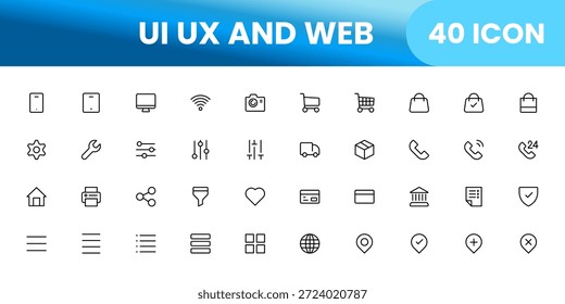 Conjunto de iconos de diseño UI UX, navegación de interfaz de usuario y símbolos de control, iconos de vectores planos limpios para App de Web software móvil