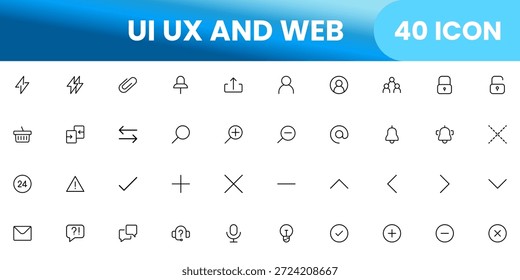 Conjunto de iconos de diseño UI UX, navegación de interfaz de usuario y símbolos de control, iconos de vectores planos limpios para App de Web software móvil