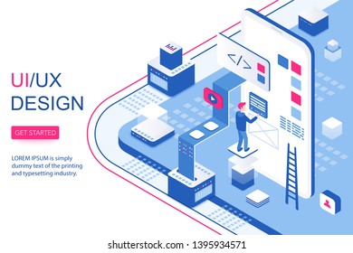 UI UX design infographic concept. Mobile app software and visual content 3d isometric landing website page template vector illustration.