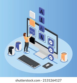 Benutzeroberfläche und UX-Design isometrischer Hintergrund mit weiblichen Designern, die Farben der Benutzeroberfläche, Vektorgrafik