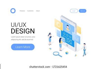 Concepto isométrico Ui ux design. Los jóvenes crean un diseño personalizado para una aplicación móvil. Estilo moderno e isométrico 3D plano. Plantilla de página de destino. Ilustración vectorial.