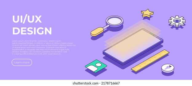 UI, UX design isometric concept. Web design mobile app. User interface. Creation of the user interface. Vector isometric illustration