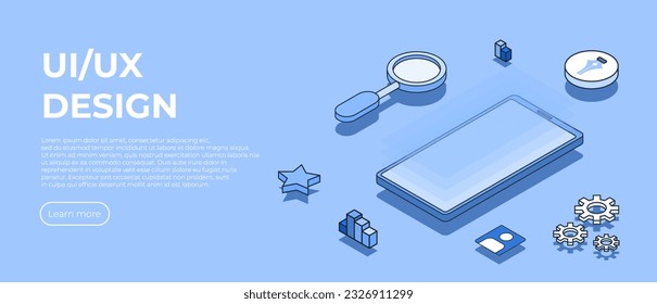 UI, UX Design isometrisches Konzept. Mobile App für Webdesign. Benutzerschnittstelle. Erstellung der Benutzeroberfläche. Vektorisometrie