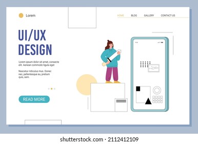 plantilla de página de inicio de diseño UI UX, carácter femenino crea la interfaz de usuario para aplicaciones móviles, ilustración vectorial plana. Banner web con el concepto de proceso de desarrollo de aplicaciones.