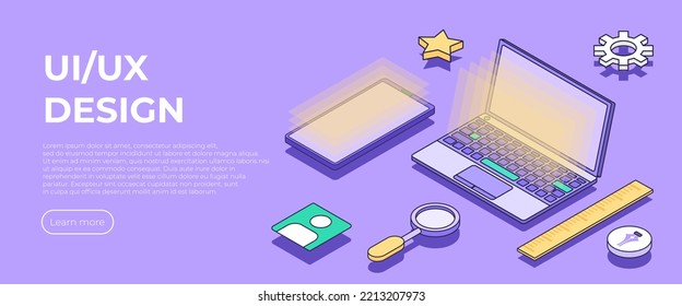 UI UX design landing page. Web design creation. Designer, creator design of user interface scenes for a mobile and laptop UI,UX application. User experience concept vector isometric illustration.