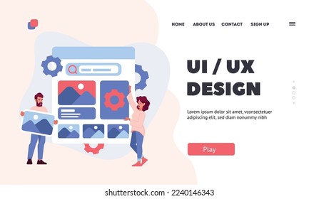 Ui Ux Design Landing Page Template. Designers Team Sharing Ideas And Collaborating In Creation of User Interface. Characters Create Application Template Layout. Cartoon People Vector Illustration