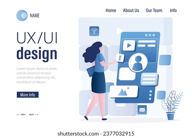 UI, UX design landing page template. Woman creates interface of mobile application. Female designer makes application for smartphone. Concept of coding, software app development. Vector illustration