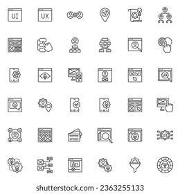 UI and UX design line icons set. linear style symbols collection, outline signs pack. User interface User Experience vector graphics. Set includes icons as Navigation, Wireframe, Prototype, Usability 