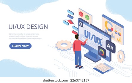 UI and UX design. Man developing interface for programs, software and applications, young guy near screen of smartphone. Modern technologies and digital world. Cartoon flat vector illustration