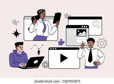 UI UX design. Men and women developing interface for website. Freelancers and graphic designers, remote employees, coworking. Online business meeting, brainstorm. Cartoon flat vector illustration