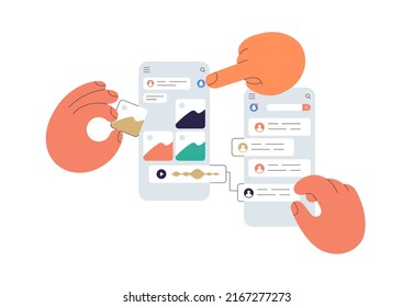 UI UX design of mobile app concept. Abstract phone application interface creation process. Making convenient layout of graphic widgets, content. Flat vector illustration isolated on white background