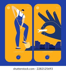 El diseño UX de la interfaz de usuario para móviles con HANDS de un constructor y man excavs. Él reconstruye la ciudad ucraniana. APOYAR A UCRANIA, NO HAY GUERRA. 