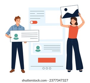 UI UX design of mobile messenger app. Designers creating digital chat application interface layout for sending, receiving messages online. Flat vector illustration isolated on white background