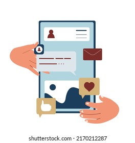 Ui UX design of mobile phone application. Hands creating abstract social media app interface, making layout, arranging content on web platform. Flat vector illustration isolated on white background