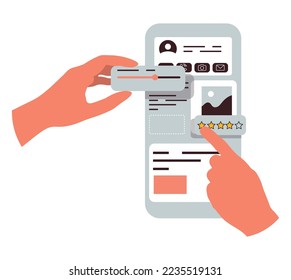 Ui UX design of mobile phone application. Hands creating abstract social media app interface, making layout, arranging content on web platform. Flat vector illustration isolated on white background.