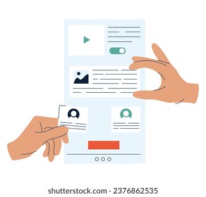 Ui UX design of mobile phone application. Hands creating abstract social media app interface, making layout, arranging content on web platform. Flat vector illustration isolated on white background