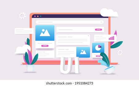 UI and UX design on computer screen - 3d vector illustration of laptop with user interface and web design elements. Editable mockup.