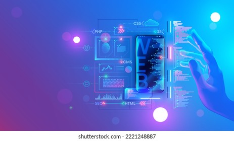 ui ux design for phone mobile app. Conceptual illustration of web develop internet site. Creating software of smartphone application. Web design of mobile layout of website. Digital technology.