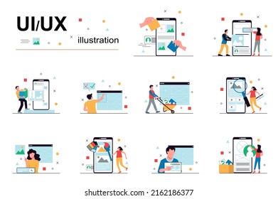 UI UX design and programming concept with people scene set. Men and women create application interfaces, test and optimize programs, places graphic content. Vector illustration in flat design for web