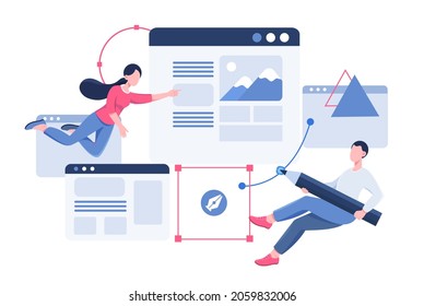 Ui Ux Design project. Designers developing layout for website. Man and woman come up with concept, programmers write code, mock up. Cartoon flat vector illustration isolated on white background