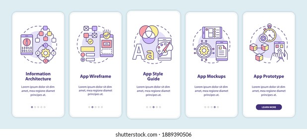 UI and UX design steps onboarding mobile app page screen with concepts. Information building architecture walkthrough 5 steps graphic instructions. UI vector template with RGB color illustrations