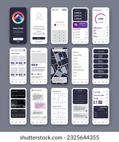 UI UX design template for mobile app or website with colorful rainbow logo, map, buttons and forms