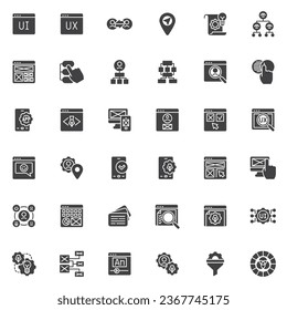 UI and UX design vector icons set, modern solid symbol collection, filled style pictogram pack. Signs, logo illustration. Set includes icons as Navigation, Wireframe, Prototype, Usability, Interaction