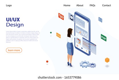 Concepto de ilustración del vector de diseño de UI UX. Concepto de diseño de interfaz de usuario UX con smartphone y mujer. Desarrollo web, diseño de aplicaciones, codificación y programación. Concepto de diseño de UI UX con carácter