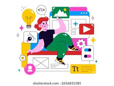 Ilustración vectorial de diseño Ui Ux con desarrollo de Sitios web de aplicaciones y software con codificación App en un fondo de dibujos animados de estilo plano