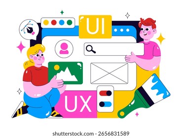Ui Ux Design Vector Illustration Featuring Application and Software Website Development with App Coding in a Flat Style Cartoon Background