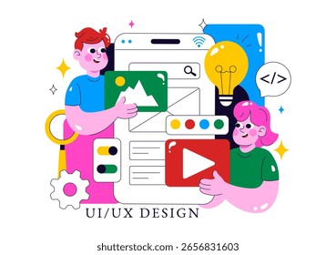 Ilustração Ui Ux Design Vetor Apresentando Desenvolvimento de Aplicativo e Software Site com App Coding em um Plano de Fundo de Desenho Animado de Estilo Plano